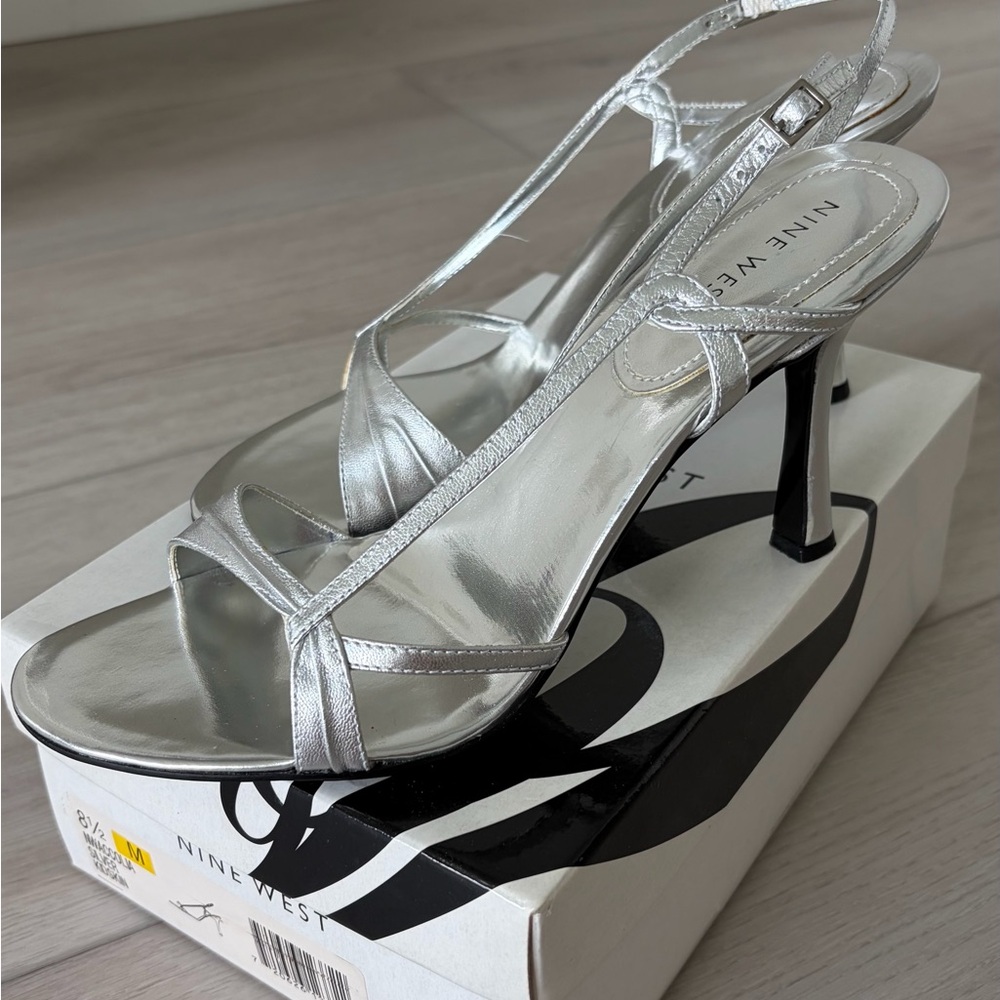 Nine West Metallic Silver Strappy Slingback Heels